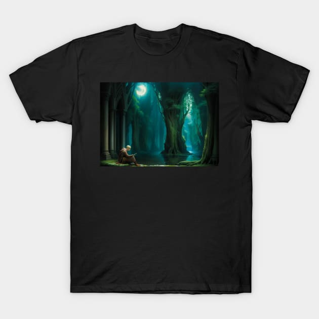 Monk Student Studying in a Lush Cave T-Shirt by CursedContent